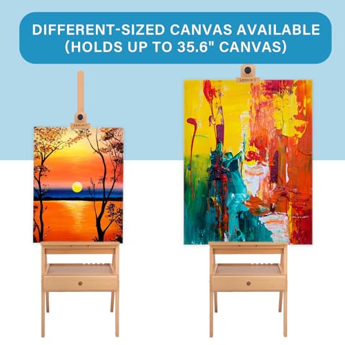 Large Beechwood H-Frame Studio Easel Stand with Storage Drawer, Natural | Height Adjustable to 35Inches High, Suitable for Painting, Sketching and Displaying - style: Basic Natural