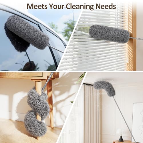 Extendable Feather Duster, Microfibre Dusters for Cleaning, Washable Long Handled Duster with 40-240 cm Telescopic Pole and Groove Brush, for High Ceilings, Household, Cars