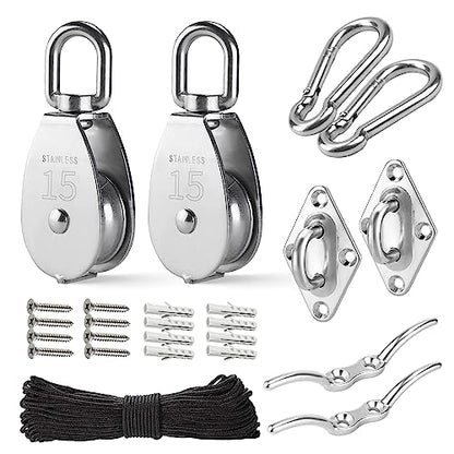 LAIWOO M15 Heavy Duty Stainless Steel Pulley Block, Rope and Hooks, 2 Pack | Includes eye pad plate and line cleat, corrosion resistant, for lifting, DIY and clothesline - size: M15