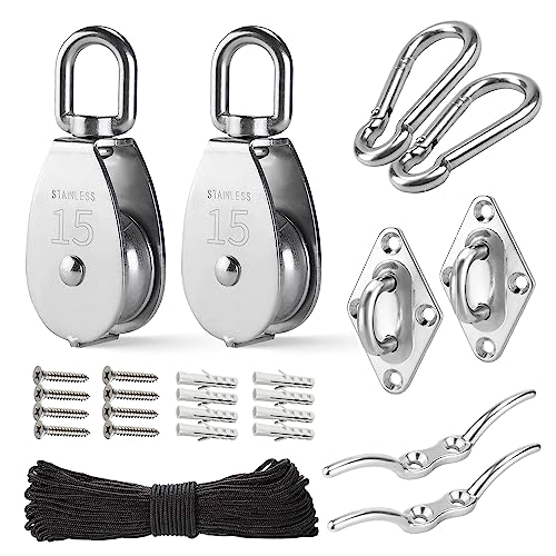 LAIWOO M15 Heavy Duty Stainless Steel Pulley Block, Rope and Hooks, 2 Pack | Includes eye pad plate and line cleat, corrosion resistant, for lifting, DIY and clothesline - size: M15
