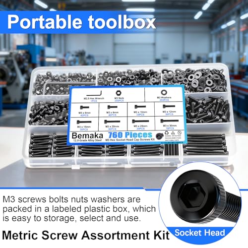 1015PCS M3 Screws Kit, M3x6/8/10/12/16/20/25/30mm Hex Socket Head Cap Screws Bolts Nuts Washers Kit, 12.9 Grade Alloy Steel Metric Machine Screw for 3D Printing - size: M3 x 6/8/10/12/16/20/25/30mm, style: Socket Head