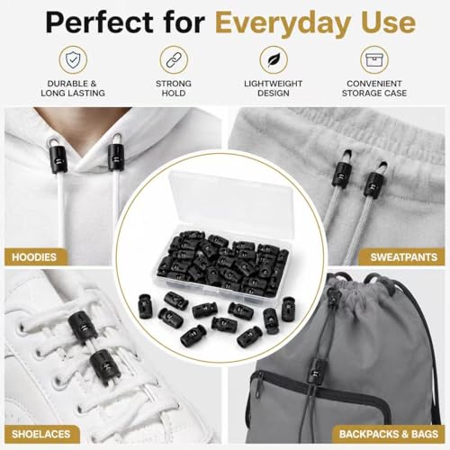 Black Plastic Cord Locks for Drawstrings, Single Hole Spring Toggle Stoppers