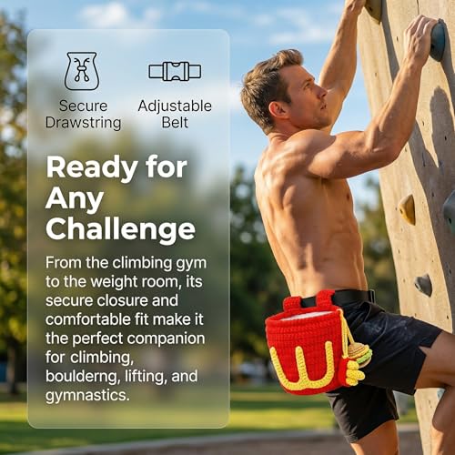 Handmade Crochet Rock Climbing Chalk Bag, Fun Plush Animal Chalk Pouch with Drawstring, Adjustable Waist Belt for Indoor Outdoor Bouldering Sport Climbing - style: Hamburger Fries