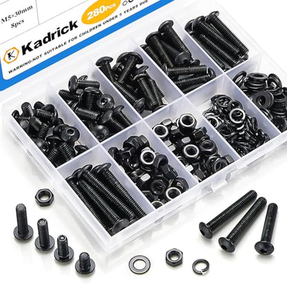 Kadrick M5 Screw Assortment, 280PCS M5 Screw Kit with Nuts Lock & Flat Washers, Grade 10.9 Alloy Steel Hex Socket Button Head Black Screws Nuts and Bolts Kit - size: M5 280Pcs 8-30mm