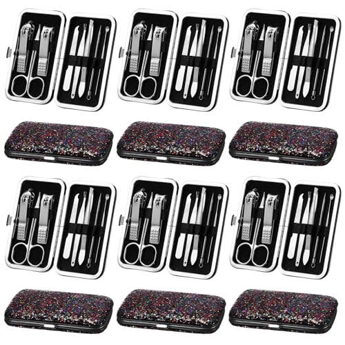 Geosar 12 Set 8 in 1 Manicure Kit Gifts Stainless Steel Nail Clippers Set Pedicure Care Tools with Leather Case Travel Portable Grooming Kit for Women Men Nurse Hands Foot(Glitter Dark Red) - color: Glitter Dark Red