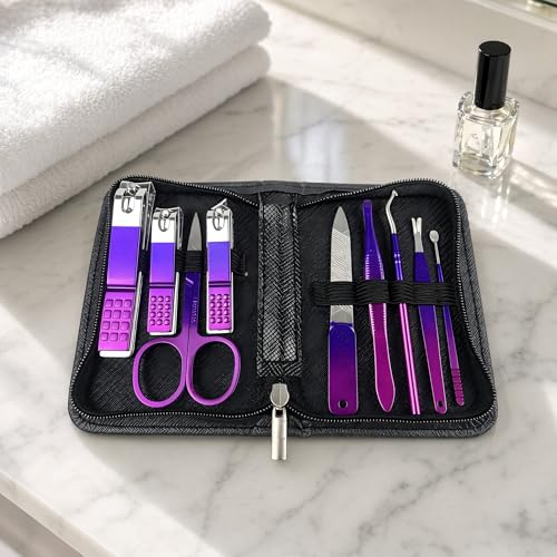 9pcs Professional Stainless Steel Manicure & Pedicure Kit Suitable for - Complete Nail Care with Nail Clippers, Cuticle Trimmer, Ear Spoon & Files, Portable Storage Case - Ideal for, Travel - color: Gradient Purple