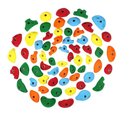 Atomik Rock Climbing Holds Set of 63 Bolt-On Jugs in Assorted Bright Tones for Gymnastics and Trampoline Parks