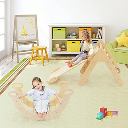 Costzon Climbing Toys for Toddlers, 5 in 1 Foldable Montessori Wooden Arch Climber Ladder with Sliding Ramp, Multi-Combination Methods, Kids Triangle Climber Play Gym Set for Boys Girls Present - style: 5 in 1 Arch Climber Ladder, Natural