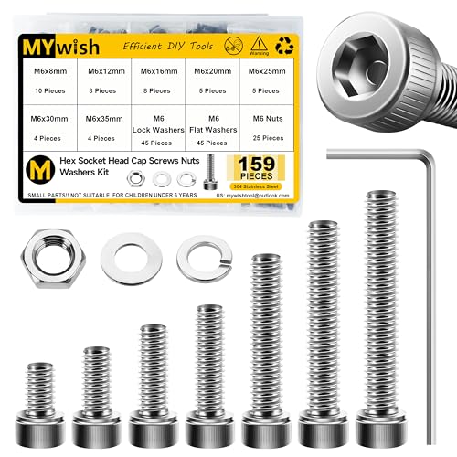 Mywish 159-Piece M6 Screw Assortment Kit, Stainless Steel Hex Socket Head Cap Screws, Bolts, Washers, Nuts, Hex Wrenches M6*8/12/16/20/25/30/35mm - color: SIiver, size: 159Pcs M6