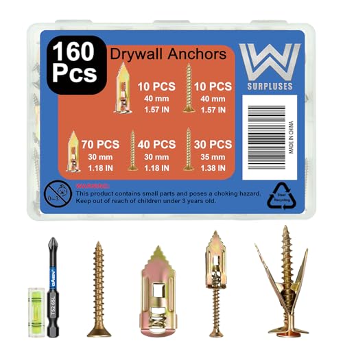 160 Pcs Gold Drywall Anchors with Screws Kit, Zinc Plated Alloy Steel | Includes a Phillips Screwdriver And a Level Gauge, 2 Size Drywall Anchors And 3 Size Screws - color: Gold