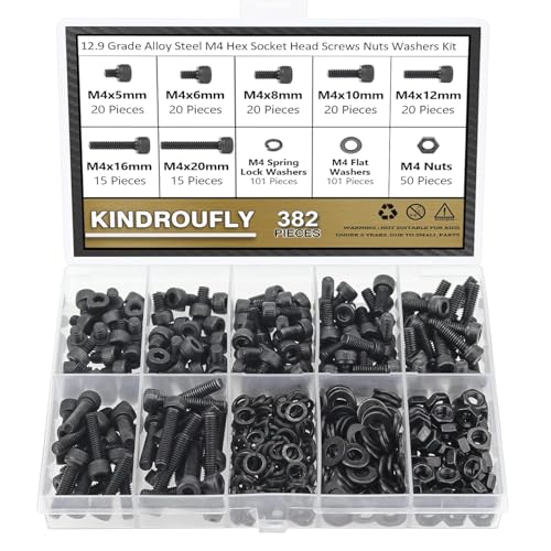 382 Pieces Black M4 x 5/6 /8/10 /12/16 /20mm Hex Socket Head Cap Screws Nuts Washers Assortment Kit, 12.9 Grade Alloy Steel - size: M4, style: Socket Head