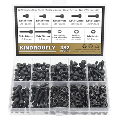 382 Pieces Black M4 x 5/6 /8/10 /12/16 /20mm Hex Socket Head Cap Screws Nuts Washers Assortment Kit, 12.9 Grade Alloy Steel - size: M4, style: Socket Head