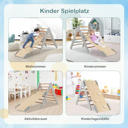 COSTWAY Climbing Triangle with Slide, Indoor Climbing Frame from 1 Year, Rung Triangle Climbing Ramp Made of Wood, for Climbing & Sliding (Grey)