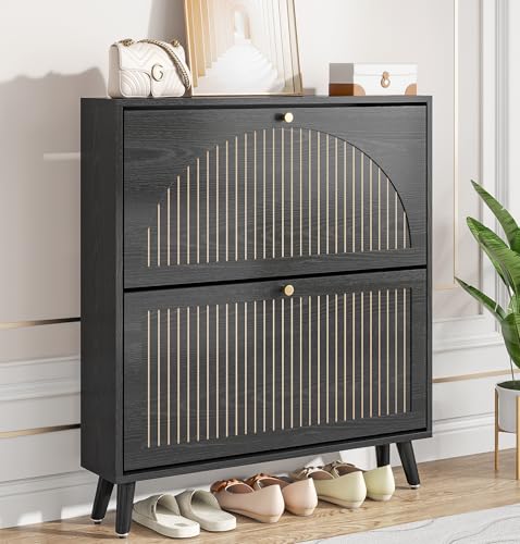 Fsbecl Shoe Storage Cabinet for Entryway with 2 Flip Drawers, Narrow Wood Shoe Cabinet with Fluted Panel, Freestanding Hidden Shoe Organizer for Hallway - color: Black, size: 2 Drawers-Single Layer