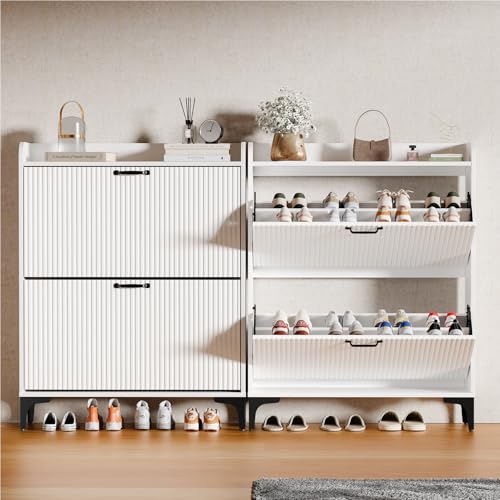 HIFYOBRO Narrow Shoe Storage Cabinet for Entryway, Shoe Cabinet with 2 Flip Drawers, Hidden Shoe Rack with Fluted Panel, Modern Freestanding Shoes Organizer for Hallway (White)