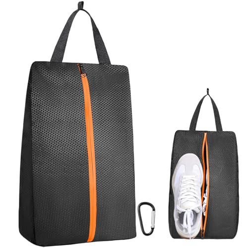 TOBWOLF Golf Shoes Bag, Smell-Proof & Waterproof Cleat Bag for Travel | Keeps Dirty Shoes Off Clean Gear, With Smooth Zipper & Carry Handle, Fits Shoes Up to Size 14, Ideal for Golf, Soccer & Gym - color: Black-Orange