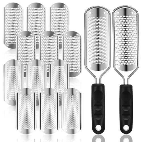 Professional Foot Rasp Callus Remover Set - 2 Stainless Steel Pedicure Files with 12 Replacement Blades (Coarse & Fine Grit) for Dead Skin Removal, Home Salon Foot Care