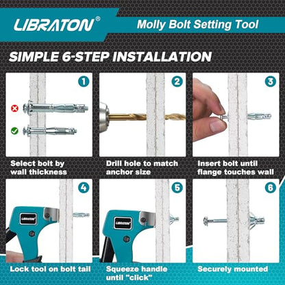 LIBRATON Molly Bolts for Drywall & Plaster Walls (0.12"-1.52"), 30PCS in 6 Sizes with Setting Tool, Heavy Duty Hollow Wall Metal Anchors Screws Kit, Holds Up to 65lbs, for TV, Shelf, Mirror
