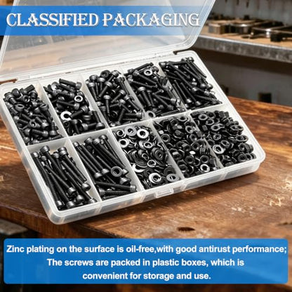 mxuteuk 521PCS M4 Screws Assortment Kit,M4×6/8/12/16/20/30mm 6 Size Hex Socket Head Cap Bolts, Nuts & Washers Set,12.9 Grade Alloy Steel Black Zinc M4 Bolts for Mechanical, Repair & DIY