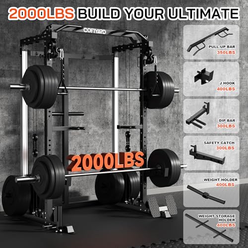 Cofiyard Power Cage, Power Rack with Dual Pulley System, Multi-Function Squat Rack with Cable Crossover, Home Gym Workout Machine