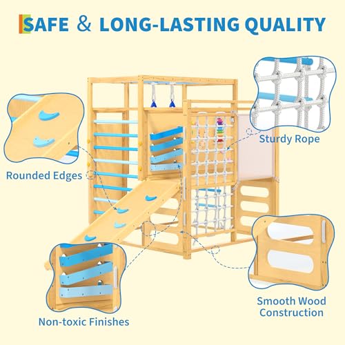 Jungle Gym with Slide, Rock Wall, Wood ＆ Rope Ladder, Monkey Bars, Gym Rings