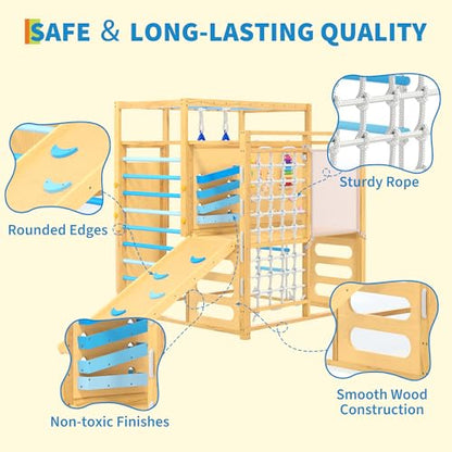 Jungle Gym with Slide, Rock Wall, Wood ＆ Rope Ladder, Monkey Bars, Gym Rings