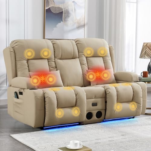 IPKIG Power Recliner Sofa with Flip-Up Backrest Console, USB & USB-C Ports, AC Outlet, LED Lights, Wall Hugger Recliners for Living Room, RV (Beige, 67" - 3 Seat) | Leathaire Fabric - color: Beige, size: 67" - 3 Seat