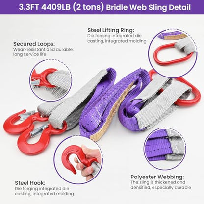 2 PCS Lifting Slings Straps with Hooks - 3.3 FT, 4409LB Pounds Capacity, Polyester Bridle Sling, Heavy Duty Two Leg Rigging Strap for Engines, Cranes, Hoists, Truck