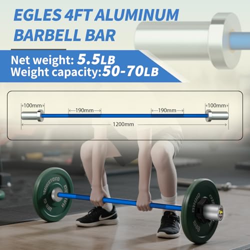 Egles Kids Barbell 5.5LB Mini Barbell Bar 4ft for Kid Women & Beginners Weighted Bar - Compatible with 2-Inch Weight Plates, for Strength Training Gym Weight Lifting, Multi-Color Training Bar - color: Silver Sleeve Blue Bar