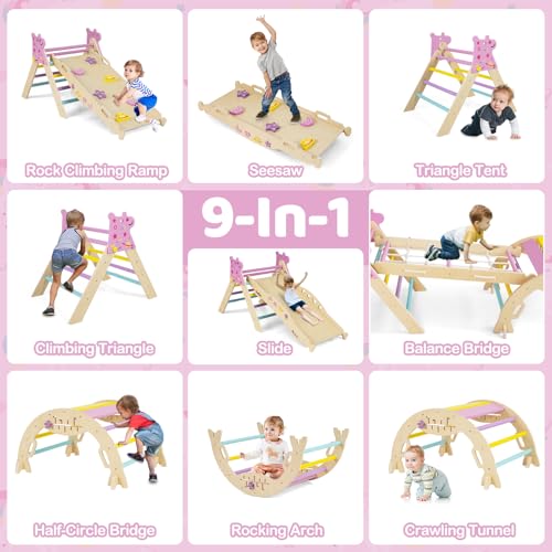 Costzon Pikler Triangle Set, 9-in-1 Foldable Baby Climbing Toys, Wood Montessori Climbing Set for Learning and Motor Skills, Indoor Playground Jungle Gym for Toddlers 3+ Climber Gifts (Pink) - style: 9 in 1 Arch Climber Ladder, Pink