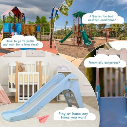Toddler Indoor Slide, Foldable Baby Climber Playset with Basketball & Hoop | 63 in Extra Long Slope, Non-Slip Steps, Sturdy Plastic, Outdoor Playground for Backyard, Home & Playroom Use, Sky Blue - color: Sky Blue