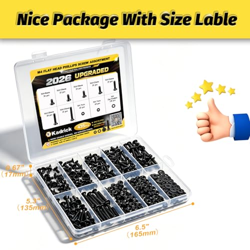 KADRICK 435Pcs M4 Countersunk Screws,M4 Flat Head Screws,Phillips Bolts Nuts Washers Assortment Kit,Zinc Plated,Lenth of 8MM-25MM - size: M4 435Pcs 8-25mm