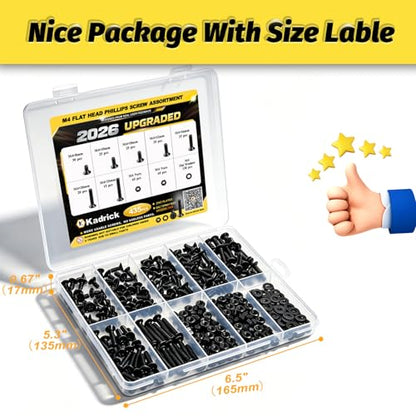 KADRICK 435Pcs M4 Countersunk Screws,M4 Flat Head Screws,Phillips Bolts Nuts Washers Assortment Kit,Zinc Plated,Lenth of 8MM-25MM - size: M4 435Pcs 8-25mm