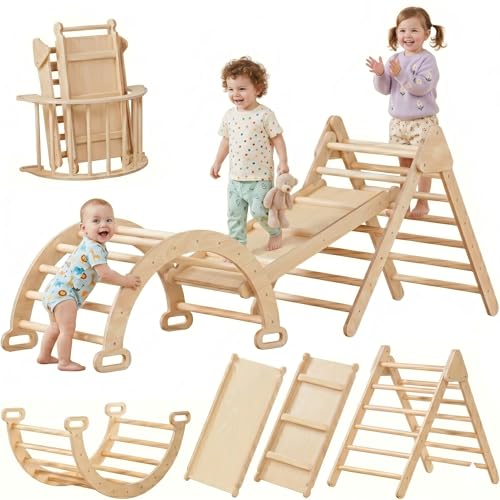 LINKHOO Pikler Triangle Set of 3, Wooden Montessori Climbing Set for Toddlers Ages 2-6, Indoor Jungle Gyms with Arch, Ramp and Ladder, Natural - color: Natural, size: Small