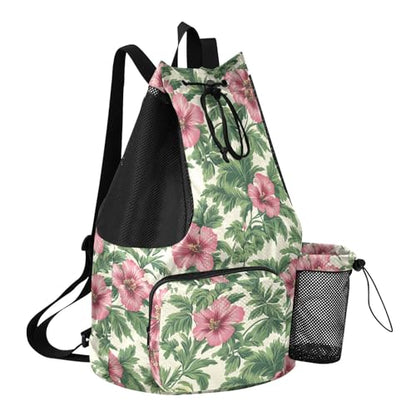 Drawstring Backpack Climbing Gym Bag With Pockets Cinch Back Sack Waterproof Tropical Flowers Red