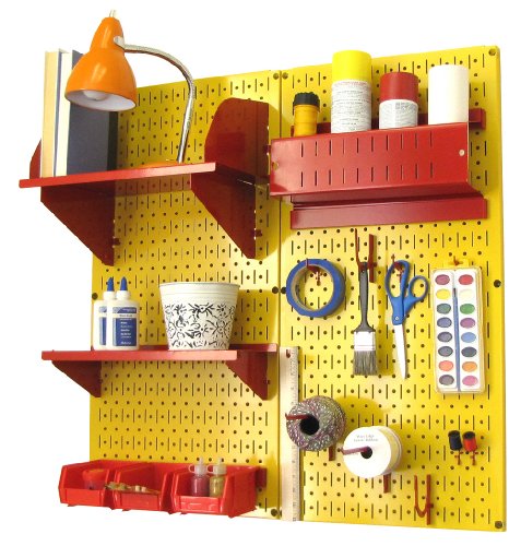 Wall Control Craft & Hobby Pegboard Organizer Storage Kit with Yellow Pegboard and Red Accessories - color: Yellow Pegboard Red Accessories