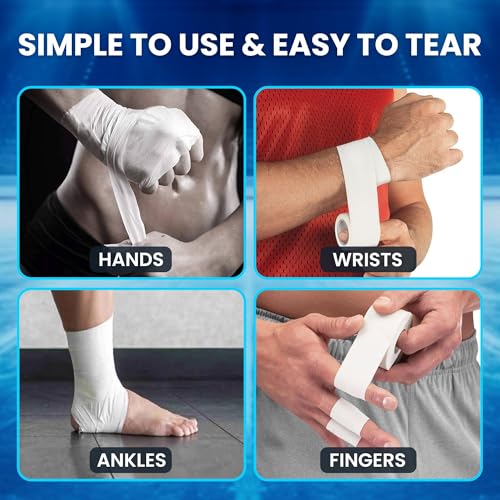 12 Pack White Athletic Tape (45ft Rolls) - Athletes Trainers Injuries & First Aid - Premium Medical Sports Tape - Wrap & Support Ankles & Wrists - Easy Tear Design with Zinc Oxide & No Sticky Residue - color: White - 12 Pack