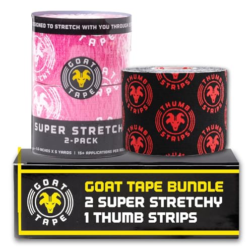 Goat Tape Pink Super Stretchy Premium Thumb Tape and Pre Cut Black Athletic Tape for Fingers - Extra Sticky Elastic Athletic Thumb Tape for Weightlifting
