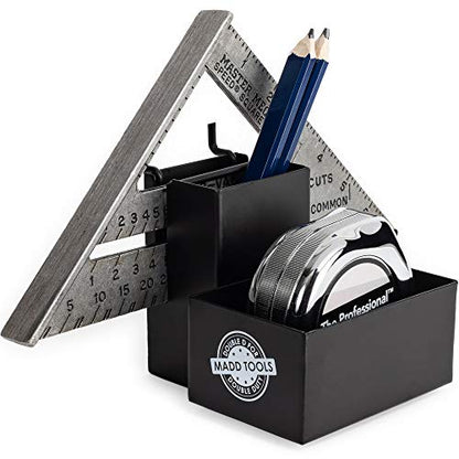Pegboard Tape Measure Holder Organizer, Pencil Box & Square Holder, Black | 16 Gauge Steel Peg Board Organizer Accessories with Heavy Duty 1/4" Peg Board Hooks, Pegboard Tool Organizer