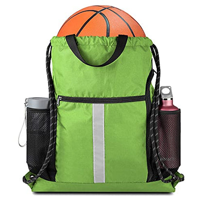 BeeGreen Cinch Bag Backpack String Gym Sackpack with Shoe Compartment and Two Side Mesh Pockets Large Lightweight Portable Sport Drawstring Sack - color: Lime, style: Drawstring With Shoe Compartment