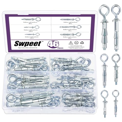 Swpeet 46Pcs M4x32mm M4x38mm M5x37mm M5x52mm M6x52mm M6x65mm O-Shape Heavy Duty Hollow Wall Anchor Set, Hollow Drive Wall Anchor Screws Assortment Kit for Drywall Hollow Wall Plaster Walls