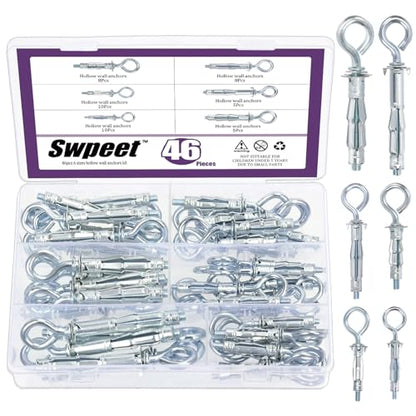 Swpeet 46Pcs M4x32mm M4x38mm M5x37mm M5x52mm M6x52mm M6x65mm O-Shape Heavy Duty Hollow Wall Anchor Set, Hollow Drive Wall Anchor Screws Assortment Kit for Drywall Hollow Wall Plaster Walls