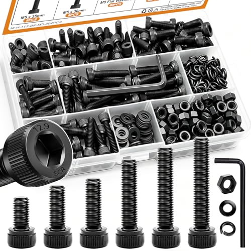 mankk 304PCS M5 Screws Kit M5 x 8/12/16/20/30/35mm Hex Socket Head Cap Bolts Nuts & Washers Assortment Kit 12.9 Grade Alloy Steel Machine Screws - size: M5, style: Hex Socket Cap