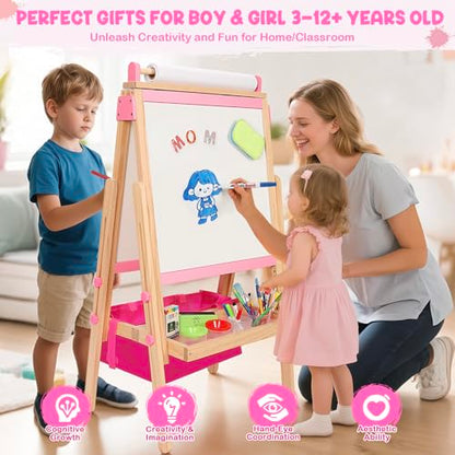 Wooden Easel for Kids, All-in-ONE Adjustable Easel with Art Supplies, Magnetic Double Sided Whiteboard & Chalkboard, Ideal Christmas, Birthday Gift for Boys & Girls Age 3, 4, 5, 6, 7, 8+ Years Old