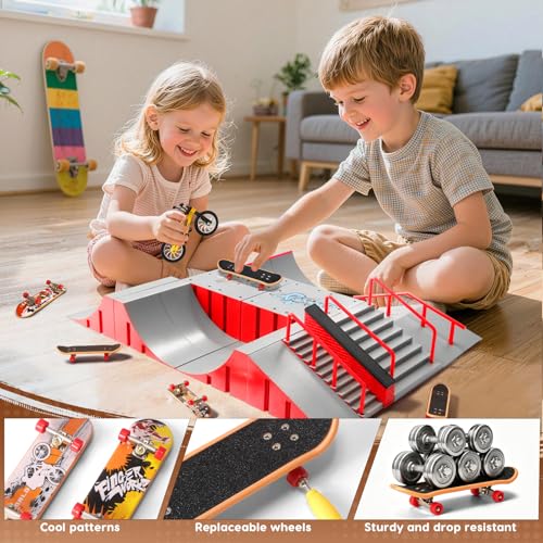 14-in-1 Fingerboard Skatepark Set with 8 Finger Skateboards and Finger Bike | Modular fingerboard skatepark, Multiple layouts, Smooth-edge ABS ramps, Half pipe and rails, Fits most standard fingerboards - color: 14in1-red