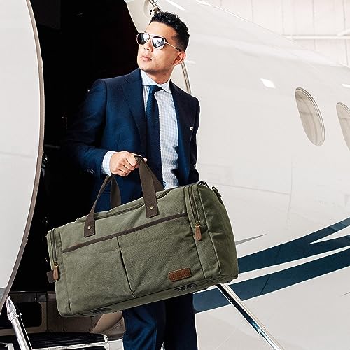 S-ZONE Large Canvas Travel Duffel Bag Weekend Overnight Bag with Shoes Compartment Holdall Gym Bag with Multi-Pockets for Men and Women, Army Green, X-Large | Water-resistant, X-Large Size, Multi-Pockets, Removable Shoulder Strap, for Gym or Travel, Army