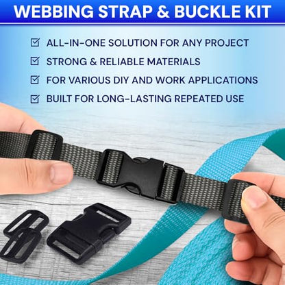 TECEUM 1" Nylon Strap Kit with Buckles, Charcoal 6 yards Repair Set | Heavy duty hardware kit: 6yd webbing, 6 quick release buckles, 12 tri-glide slide clips, 6 metal D-rings for crafting. - color: Charcoal, size: 1" - 6 yards, style: 6 Buckle - 12 Slides