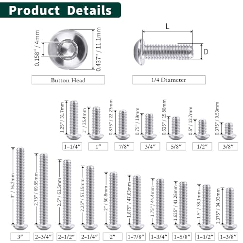 1/4-20 x 5/8" Button Head Socket Cap Bolts Screws, 304 Stainless Steel 18-8, Allen Hex Drive, Bright Finish, Fully Machine Thread, Pack of 50 - size: 1/4-20 x 5/8