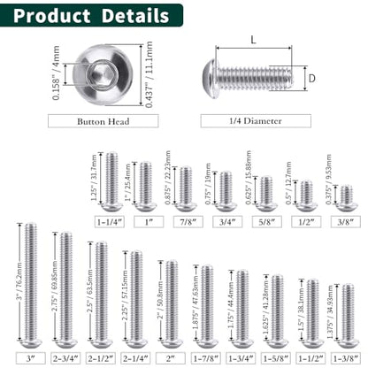 1/4-20 x 5/8" Button Head Socket Cap Bolts Screws, 304 Stainless Steel 18-8, Allen Hex Drive, Bright Finish, Fully Machine Thread, Pack of 50 - size: 1/4-20 x 5/8