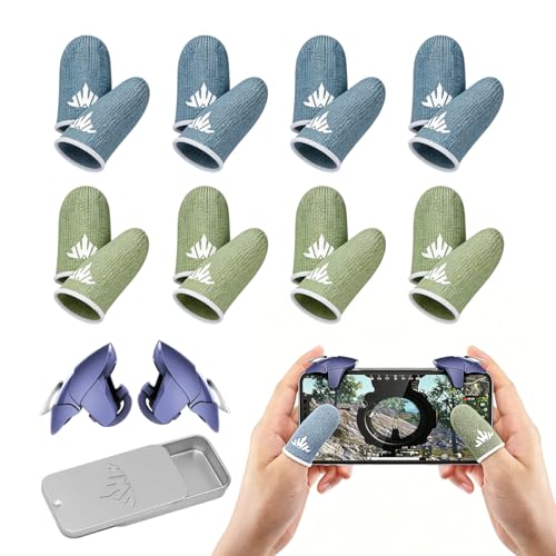 JWH 16 PCS Mobile Gaming Finger Sleeves for Dedales Gamer Profesionales Silver Fiber Thumb Sleeves with Pubg Controller Anti Slip Sweat Proof Finger Gloves (8XBlue+8XGreen+Box+Game Controller)